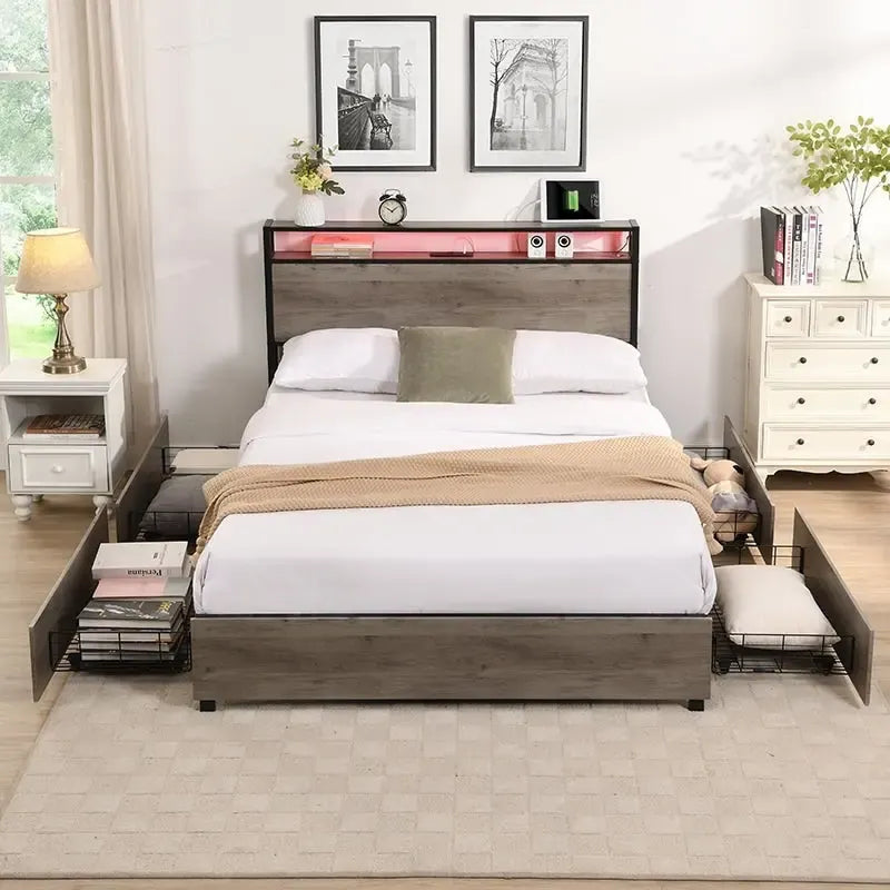 Antique Gray Queen Platform Bed with Storage Drawers & LED Headboard, 1-Person Assembly