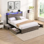 Antique Gray Queen Platform Bed with Storage Drawers & LED Headboard, 1-Person Assembly