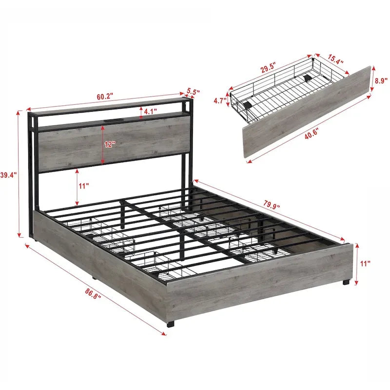 Antique Gray Queen Platform Bed with Storage Drawers & LED Headboard, 1-Person Assembly