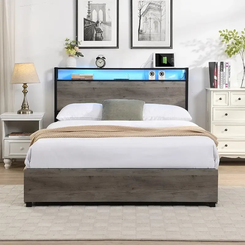Antique Gray Queen Platform Bed with Storage Drawers & LED Headboard, 1-Person Assembly
