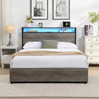 Antique Gray Queen Platform Bed with Storage Drawers & LED Headboard, 1-Person Assembly