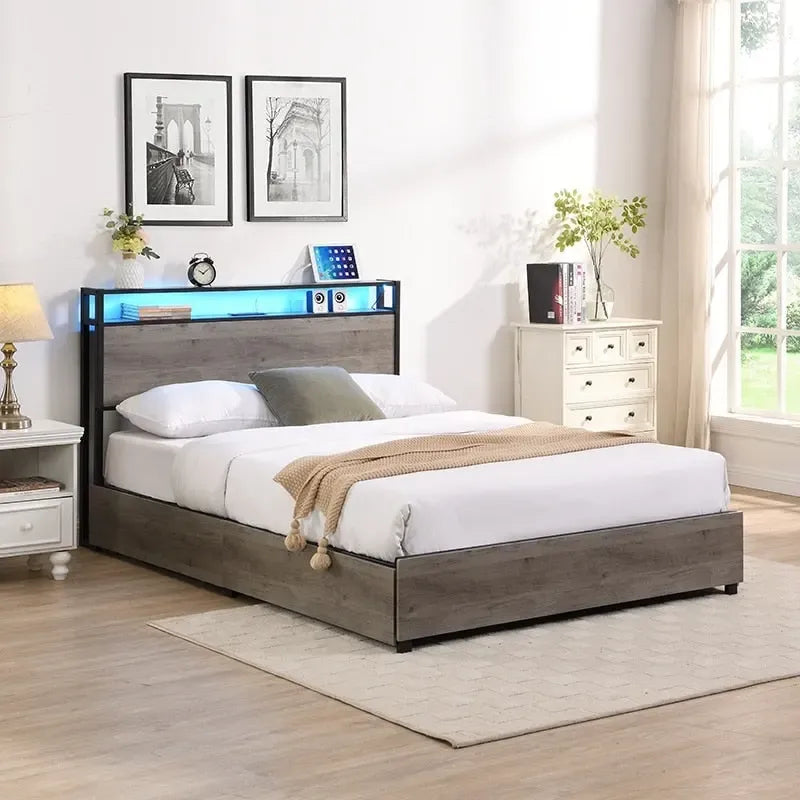 Antique Gray Queen Platform Bed with Storage Drawers & LED Headboard, 1-Person Assembly