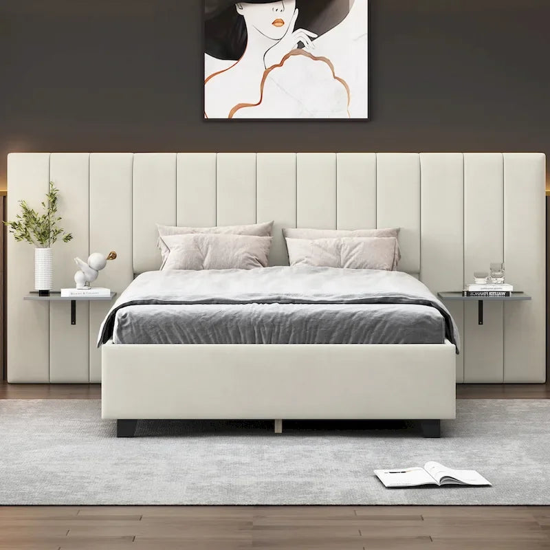 Pink / Beige / Grey Upholstered Platform Bed for 2, Full Size with Storage Headboard