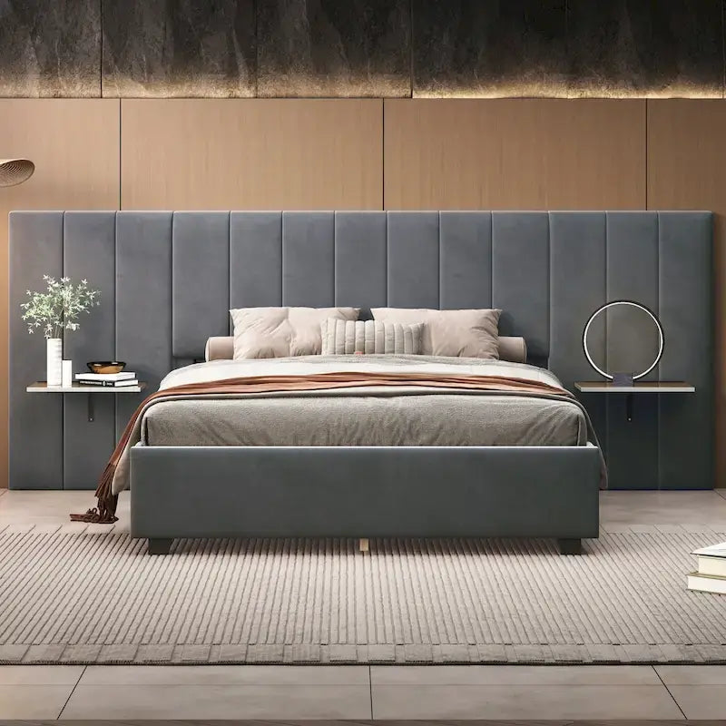Pink / Beige / Grey Upholstered Platform Bed for 2, Full Size with Storage Headboard