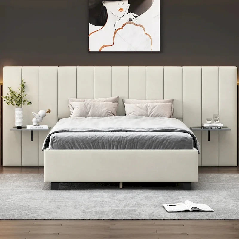 Pink / Beige / Grey Upholstered Platform Bed for 2, Full Size with Storage Headboard
