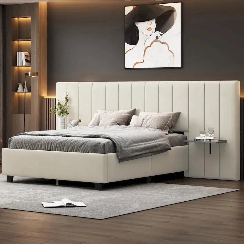 Pink / Beige / Grey Upholstered Platform Bed for 2, Full Size with Storage Headboard