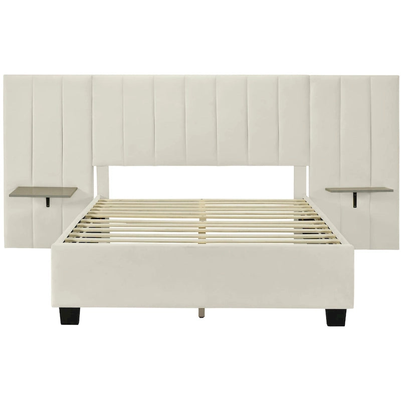 Pink / Beige / Grey Upholstered Platform Bed for 2, Full Size with Storage Headboard