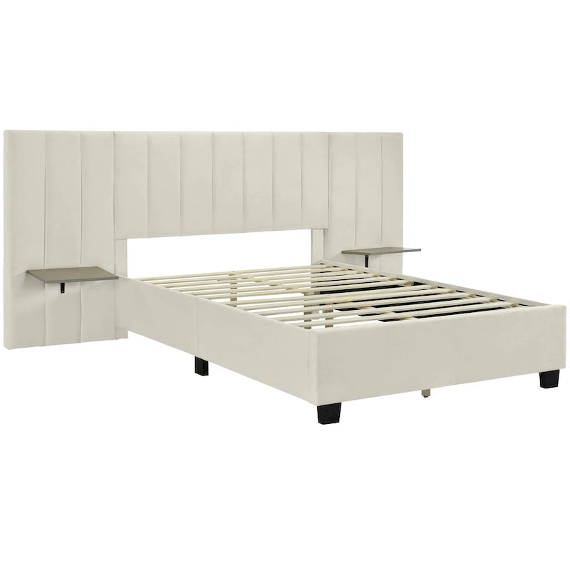 Pink / Beige / Grey Upholstered Platform Bed for 2, Full Size with Storage Headboard