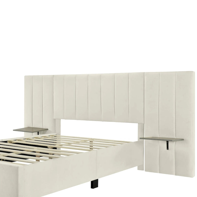 Pink / Beige / Grey Upholstered Platform Bed for 2, Full Size with Storage Headboard