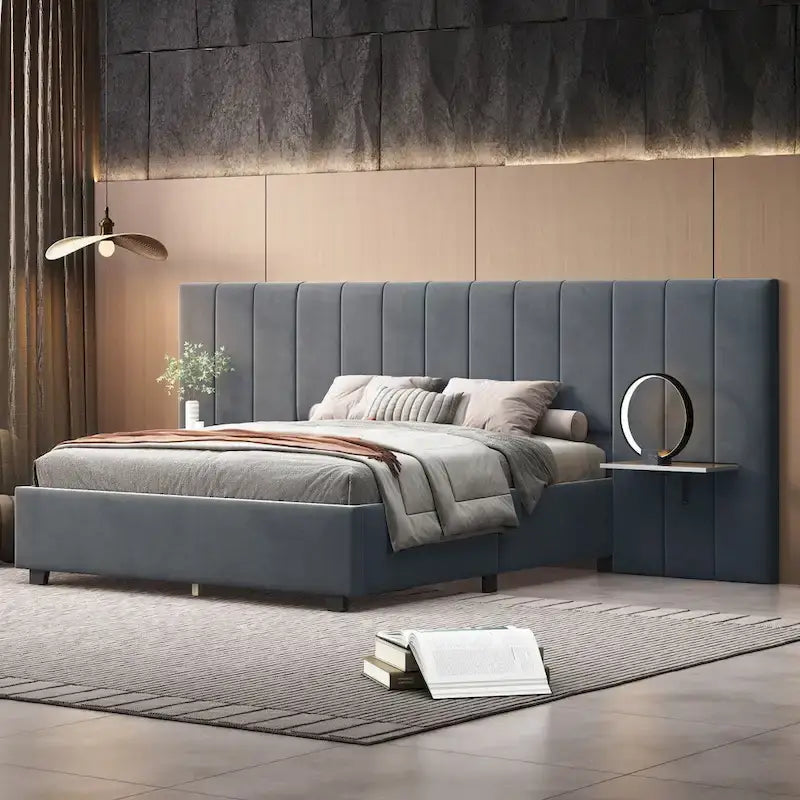 Pink / Beige / Grey Upholstered Platform Bed for 2, Full Size with Storage Headboard