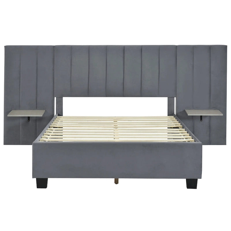 Pink / Beige / Grey Upholstered Platform Bed for 2, Full Size with Storage Headboard