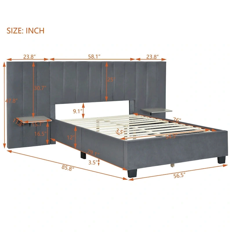 Pink / Beige / Grey Upholstered Platform Bed for 2, Full Size with Storage Headboard