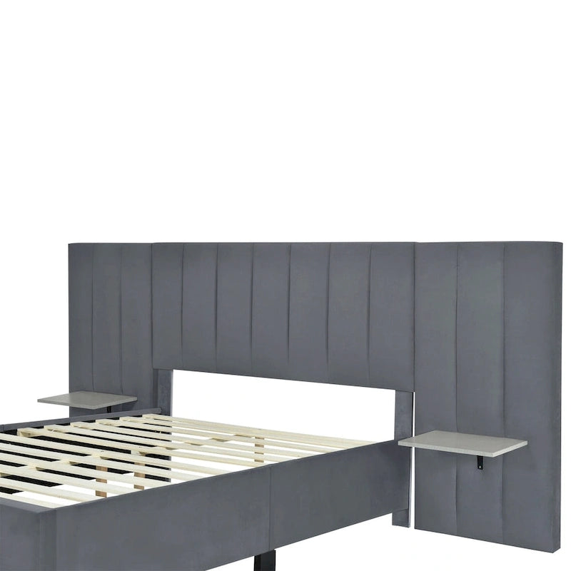 Pink / Beige / Grey Upholstered Platform Bed for 2, Full Size with Storage Headboard