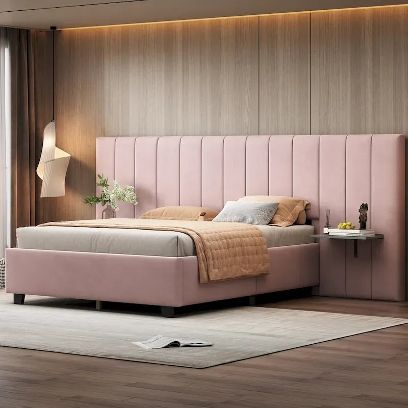 Pink / Beige / Grey Upholstered Platform Bed for 2, Full Size with Storage Headboard