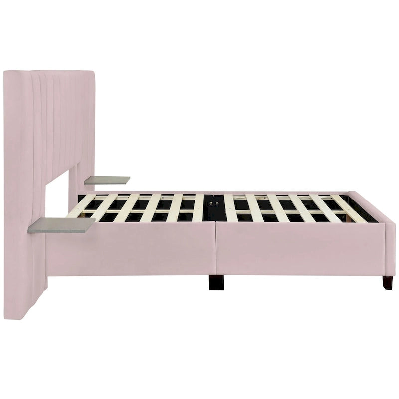 Pink / Beige / Grey Upholstered Platform Bed for 2, Full Size with Storage Headboard
