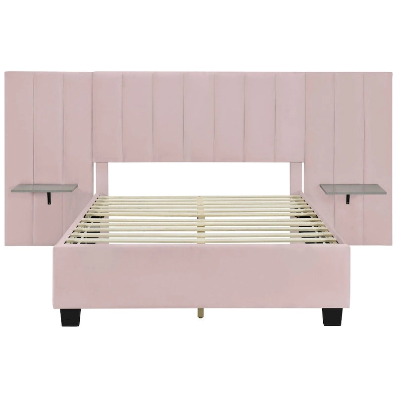 Pink / Beige / Grey Upholstered Platform Bed for 2, Full Size with Storage Headboard