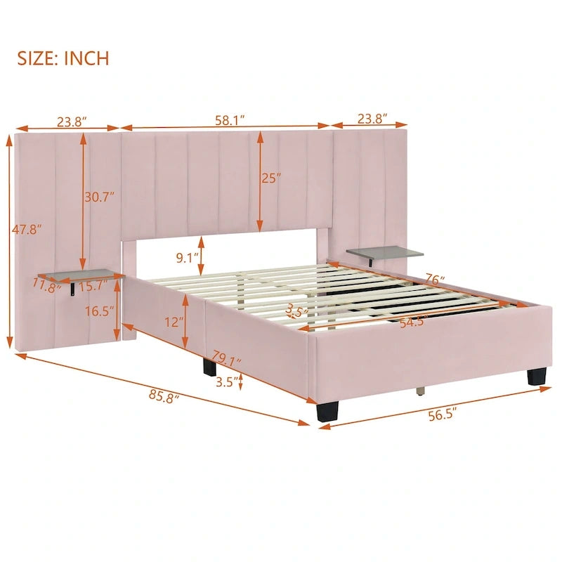 Pink / Beige / Grey Upholstered Platform Bed for 2, Full Size with Storage Headboard