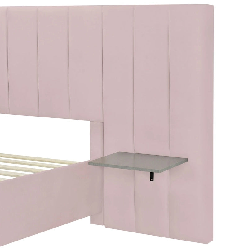 Pink / Beige / Grey Upholstered Platform Bed for 2, Full Size with Storage Headboard