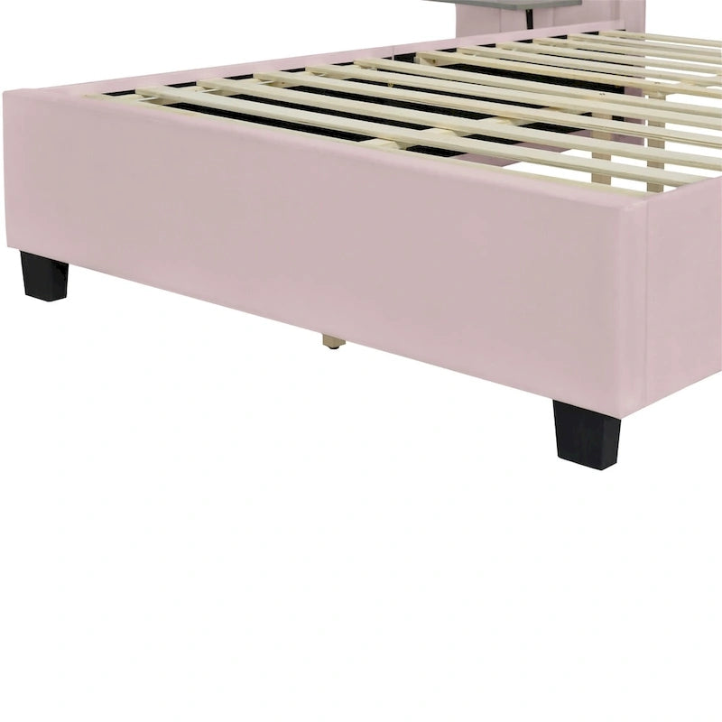Pink / Beige / Grey Upholstered Platform Bed for 2, Full Size with Storage Headboard