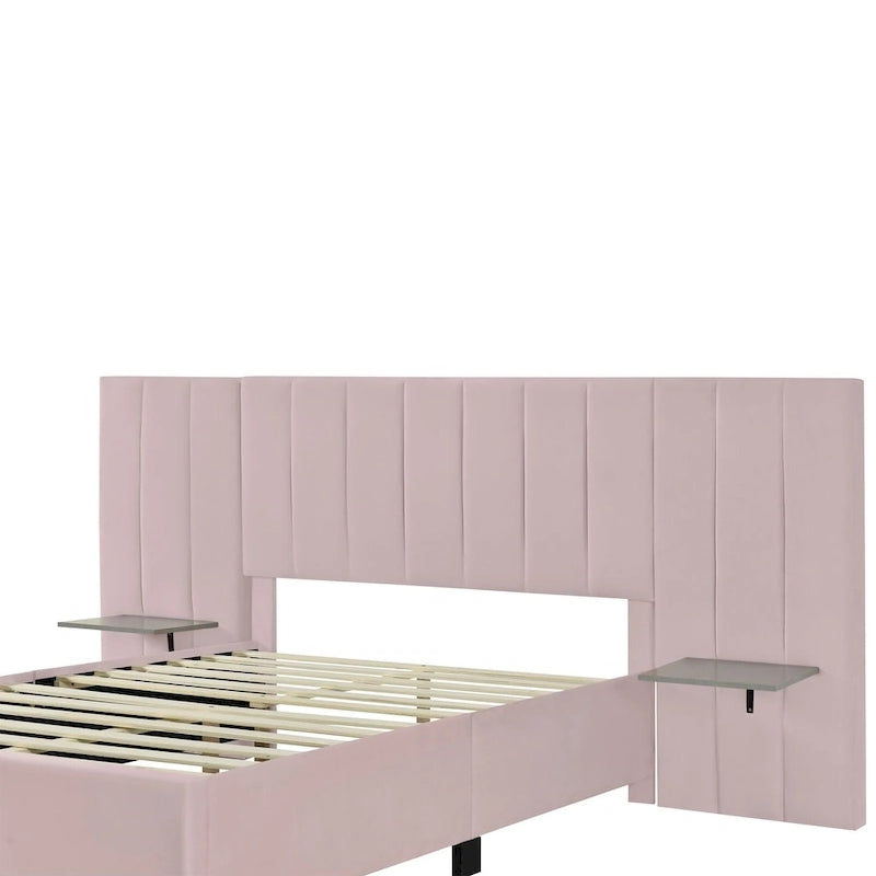 Pink / Beige / Grey Upholstered Platform Bed for 2, Full Size with Storage Headboard