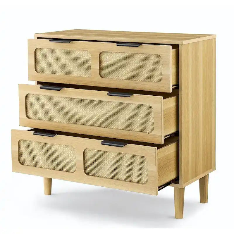 Natural Wood 3-Drawer Rattan Dresser, 1-Person