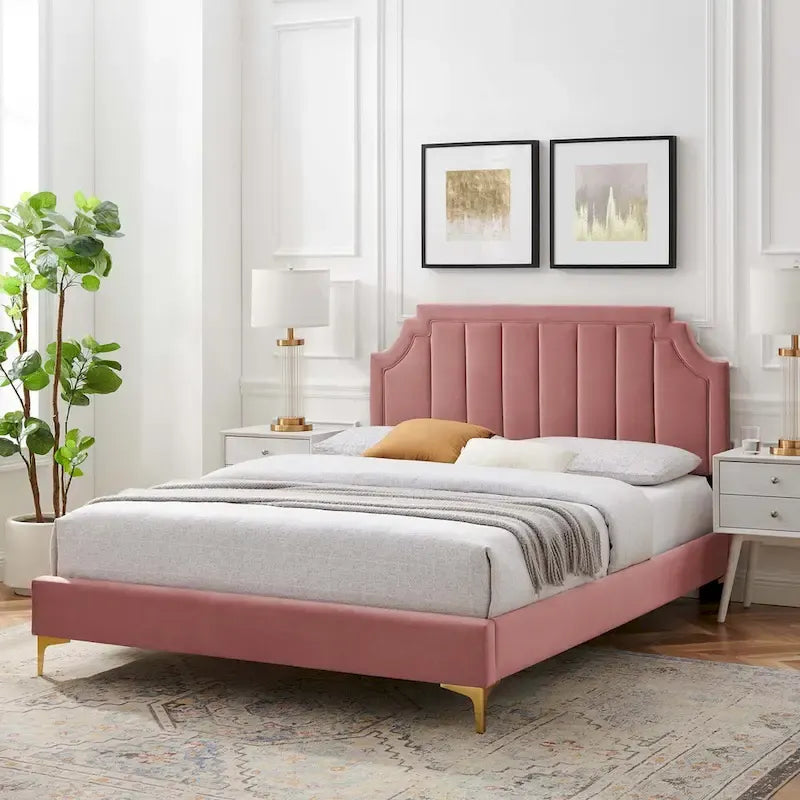Velvet Upholstered Twin Platform Bed — Pink / Navy / Teal / White / Mint / Charcoal / Dusty Rose / Light Gray | For 1 Person