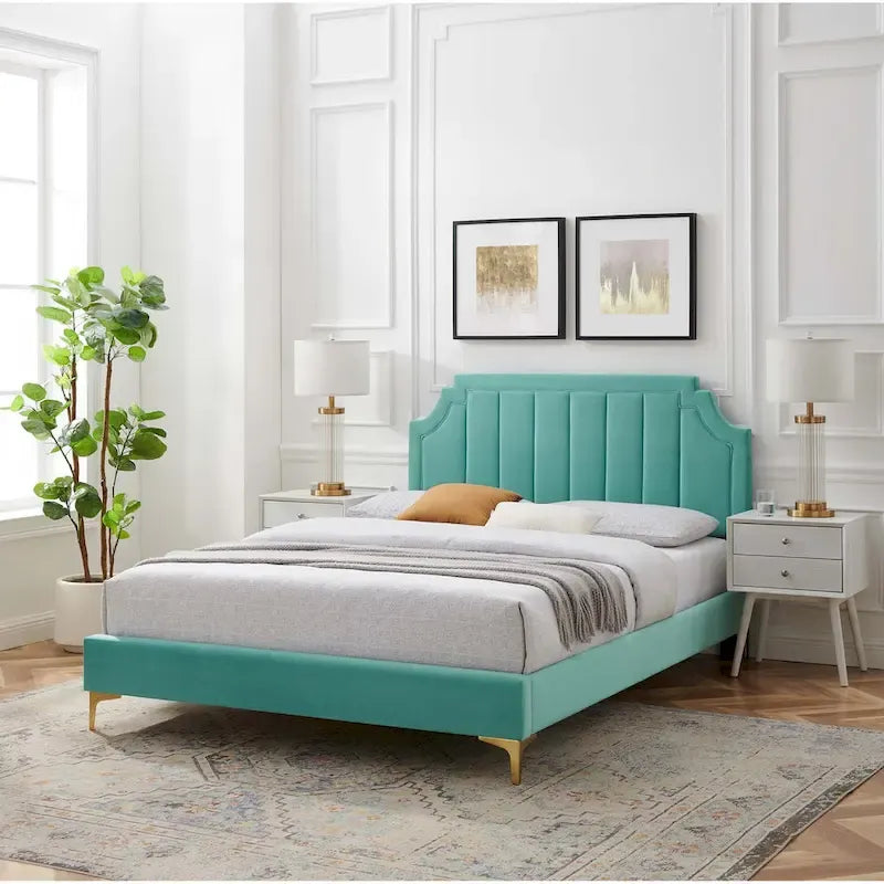 Velvet Upholstered Twin Platform Bed — Pink / Navy / Teal / White / Mint / Charcoal / Dusty Rose / Light Gray | For 1 Person