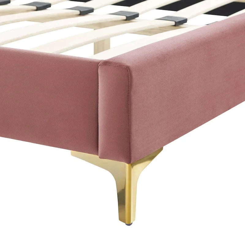 Velvet Upholstered Twin Platform Bed — Pink / Navy / Teal / White / Mint / Charcoal / Dusty Rose / Light Gray | For 1 Person