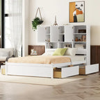 White/Grey Queen Platform Bed with Storage Headboard & 4 Drawers, 1-Person