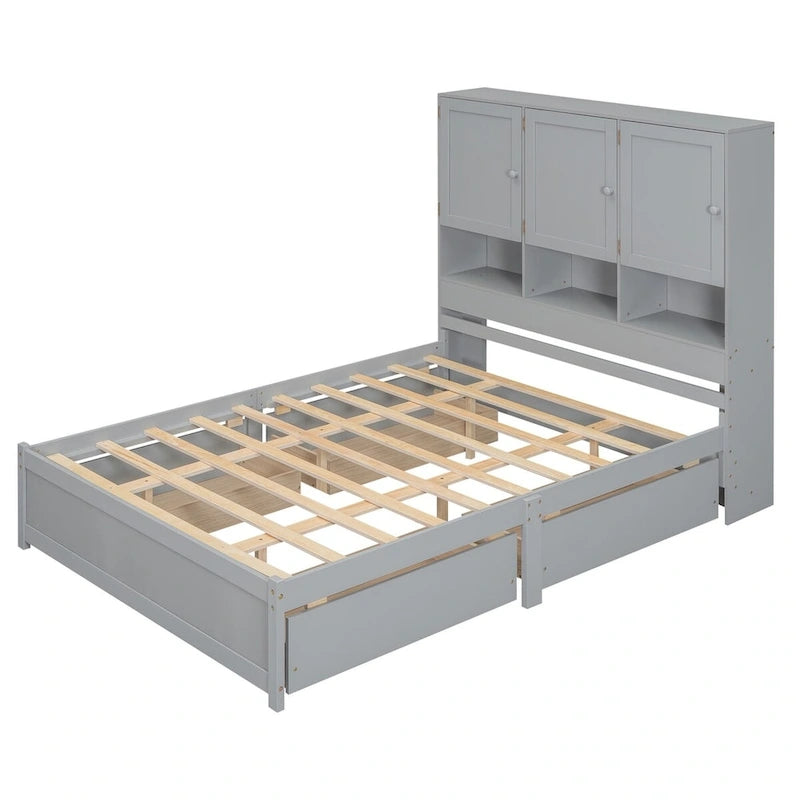 White/Grey Queen Platform Bed with Storage Headboard & 4 Drawers, 1-Person