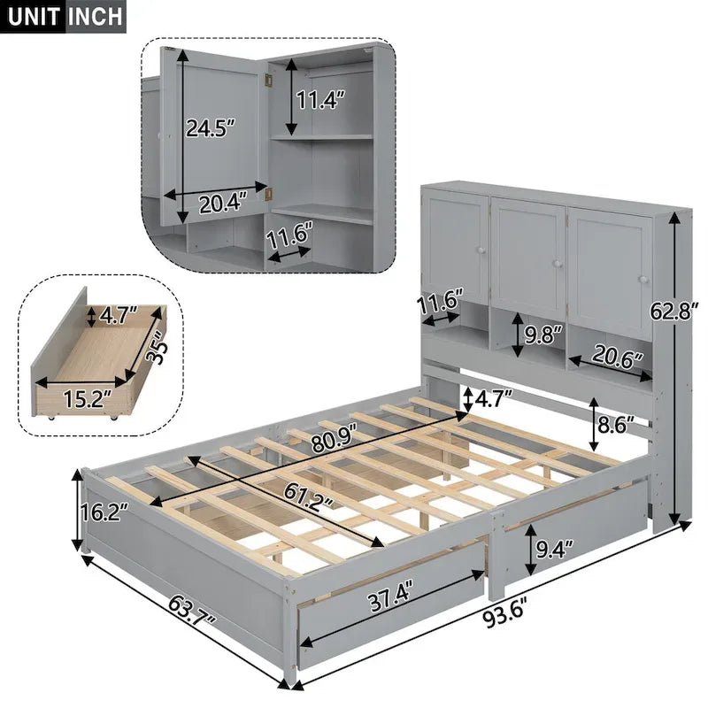 White/Grey Queen Platform Bed with Storage Headboard & 4 Drawers, 1-Person