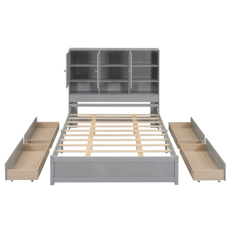 White/Grey Queen Platform Bed with Storage Headboard & 4 Drawers, 1-Person