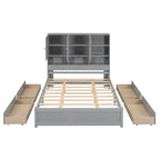 White/Grey Queen Platform Bed with Storage Headboard & 4 Drawers, 1-Person