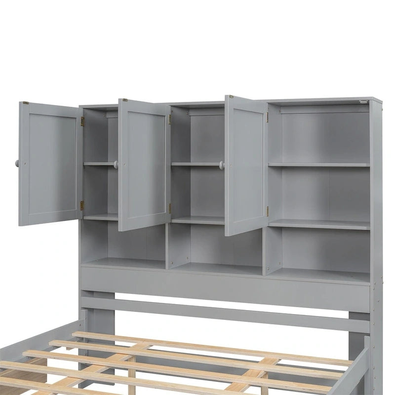 White/Grey Queen Platform Bed with Storage Headboard & 4 Drawers, 1-Person