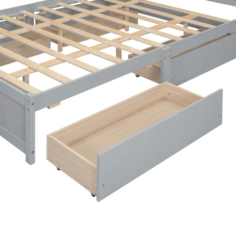 White/Grey Queen Platform Bed with Storage Headboard & 4 Drawers, 1-Person