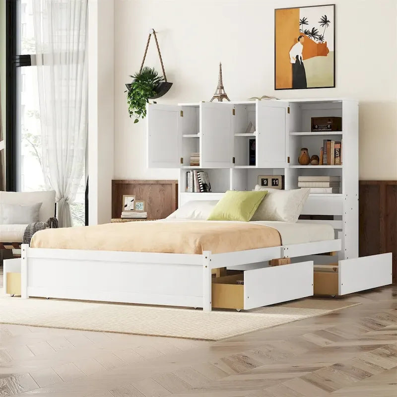 White/Grey Queen Platform Bed with Storage Headboard & 4 Drawers, 1-Person