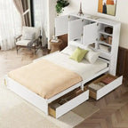 White/Grey Queen Platform Bed with Storage Headboard & 4 Drawers, 1-Person