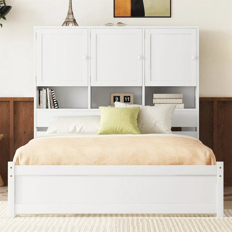 White/Grey Queen Platform Bed with Storage Headboard & 4 Drawers, 1-Person
