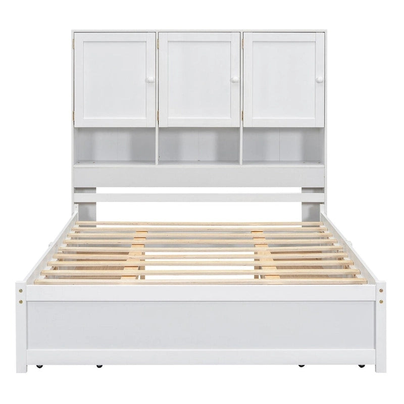 White/Grey Queen Platform Bed with Storage Headboard & 4 Drawers, 1-Person