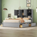 White/Grey Queen Platform Bed with Storage Headboard & 4 Drawers, 1-Person