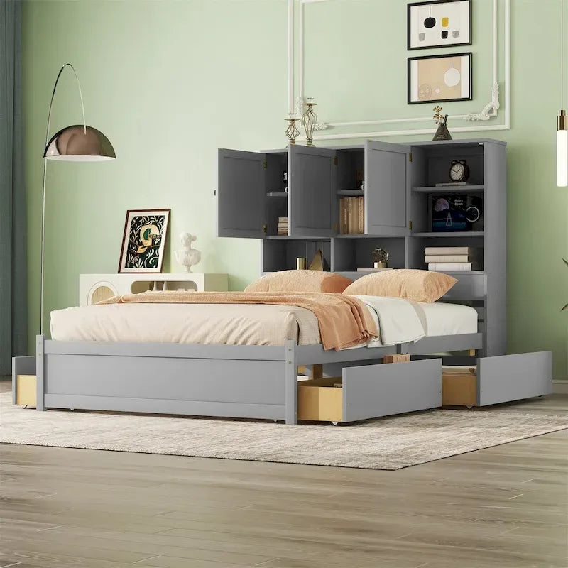White/Grey Queen Platform Bed with Storage Headboard & 4 Drawers, 1-Person