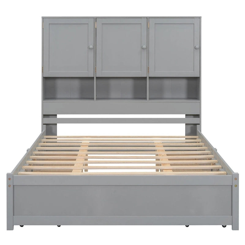 White/Grey Queen Platform Bed with Storage Headboard & 4 Drawers, 1-Person