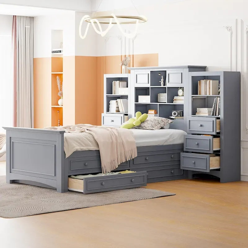Gray/White Twin Platform Bed with Headboard Storage, 4 Drawers, for 1–2 Users
