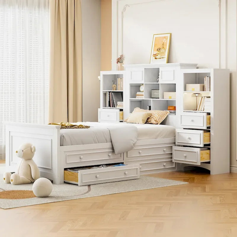 Gray/White Twin Platform Bed with Headboard Storage, 4 Drawers, for 1–2 Users