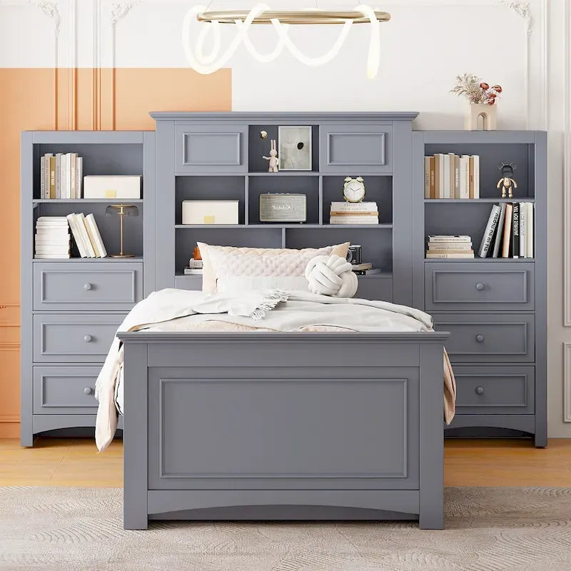 Gray/White Twin Platform Bed with Headboard Storage, 4 Drawers, for 1–2 Users