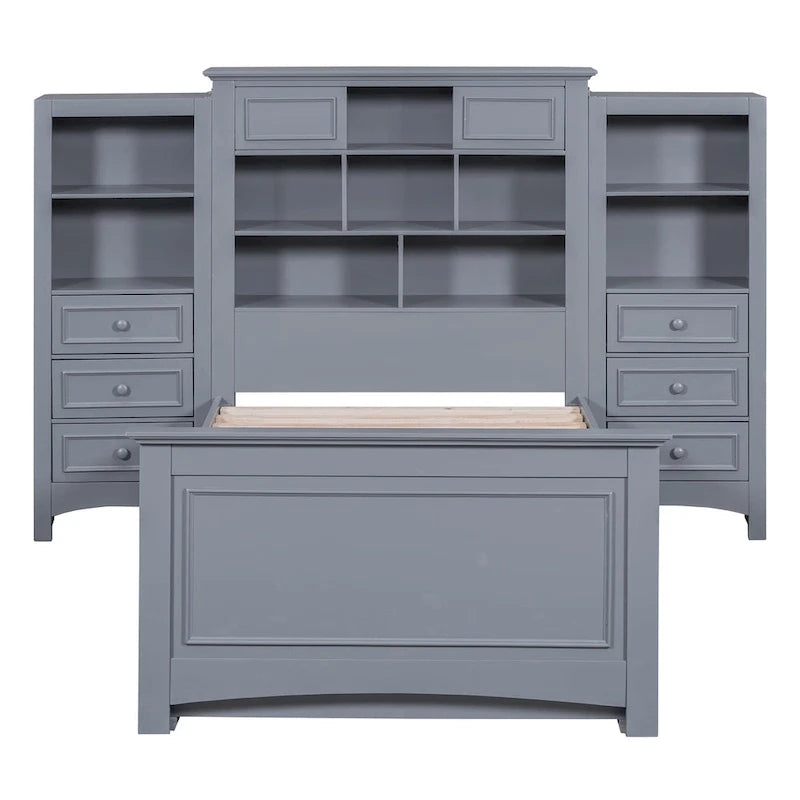 Gray/White Twin Platform Bed with Headboard Storage, 4 Drawers, for 1–2 Users