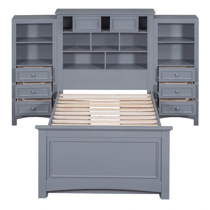 Gray/White Twin Platform Bed with Headboard Storage, 4 Drawers, for 1–2 Users
