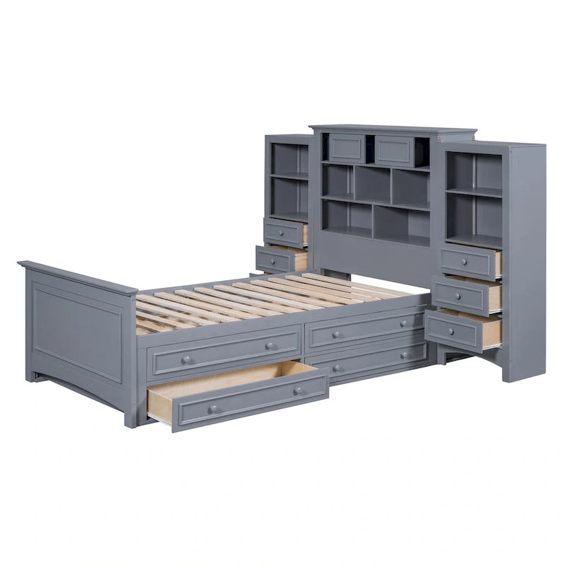 Gray/White Twin Platform Bed with Headboard Storage, 4 Drawers, for 1–2 Users