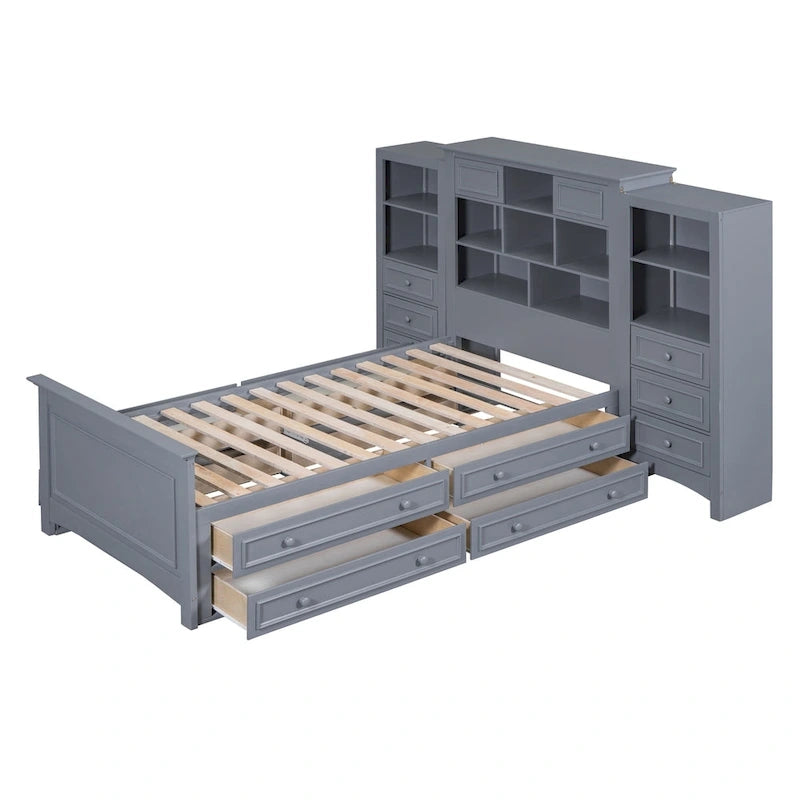 Gray/White Twin Platform Bed with Headboard Storage, 4 Drawers, for 1–2 Users