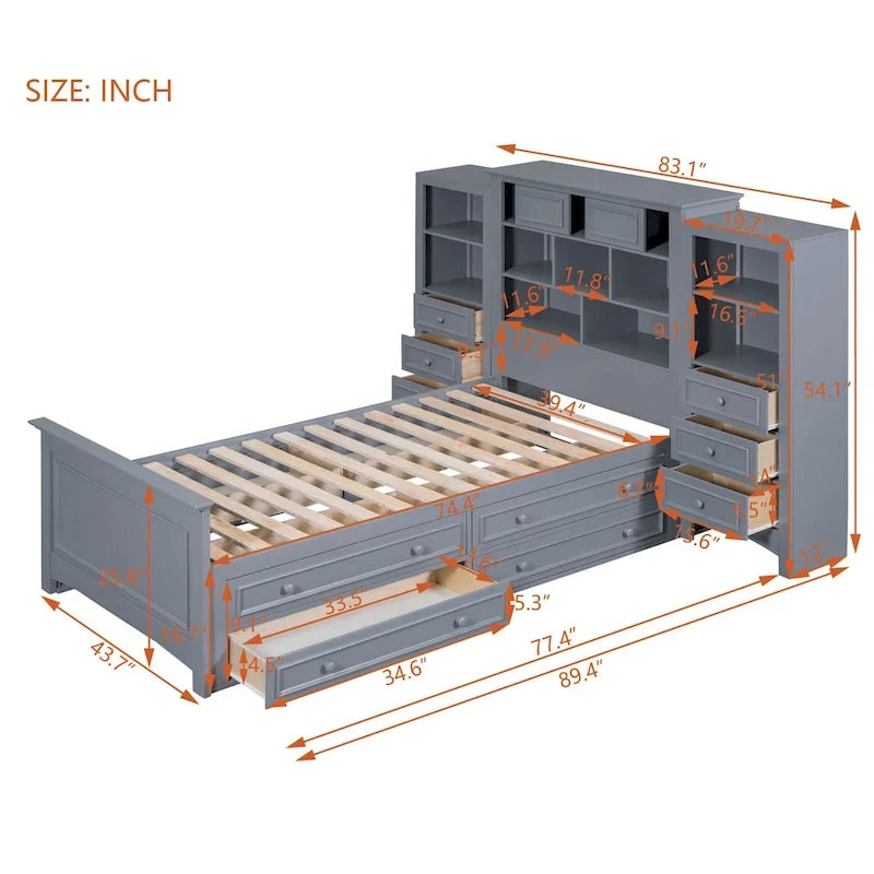 Gray/White Twin Platform Bed with Headboard Storage, 4 Drawers, for 1–2 Users